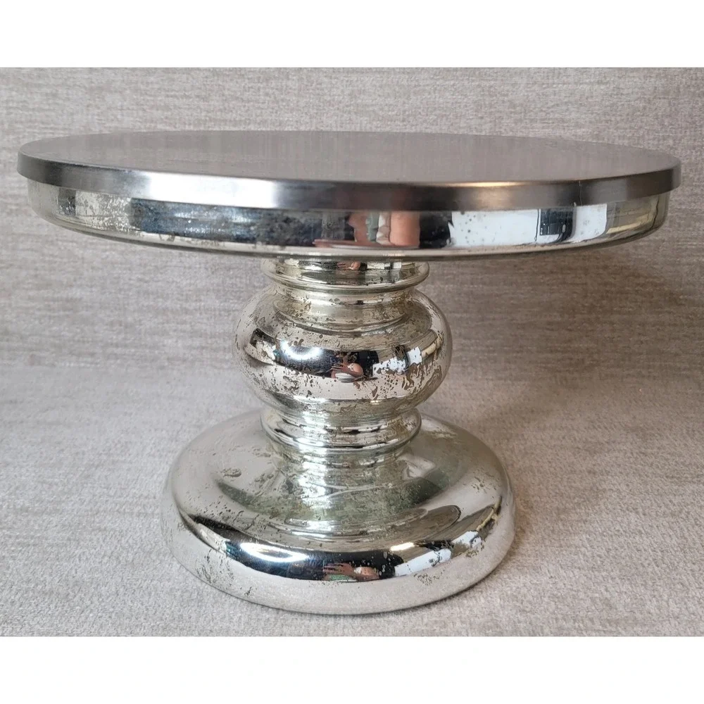 Retired Pottery Barn Mercury Glass & Stainless Pedestal Cake Stand 7